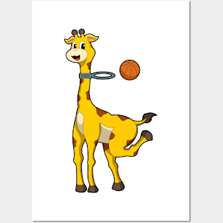 Giraffe at Basketball with Basketball hoop Posters and Art